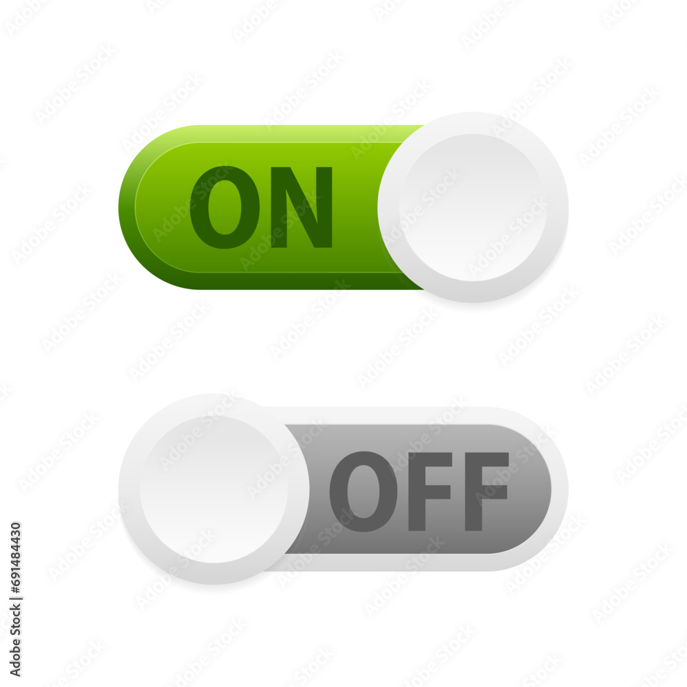 On and Off Toggle Switch Buttons with Lettering Modern Devices User Interface Mockup or Template - Green and Grey on White Background. Vector illustration On and Off Toggle Switch Buttons with Lettering Modern Devices User Interface Mockup or Template - Green and Grey on White Background. Vector illustration