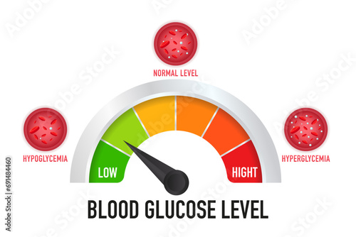 Blood Glucose Levels scale. Normal level. Hyperglycemia, High Blood Sugar and Diabetes ,obesity is a serious medical condition causes. Glucose blood level sugar test. Vector illustration