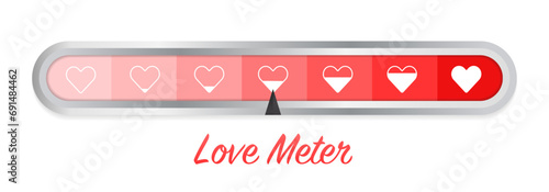 Love meter heart indicator. Valentine's day card design element. Scale of partnership satisfaction. Passion measuring indicator. Heart symbol. Vector illustration