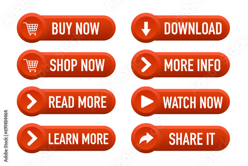 Call to action button set. Red buttons for web design. Web elements. Button for UI UX, website, mobile application. Vector illustration