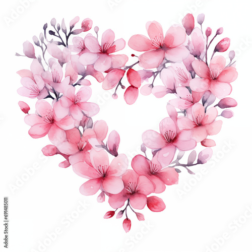 Watercolor-Rendered Heart  Symbolizing Love  Adorned with Soft Pink Flowers Against a White Background  Expressing Tenderness and Romance in Artistic Detail