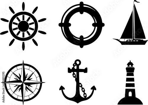Nautical sea ocean sailing icons. Compass anchor wheel bell fish lighthouse symbols. Sailing symbols in high HD resolution illustration.