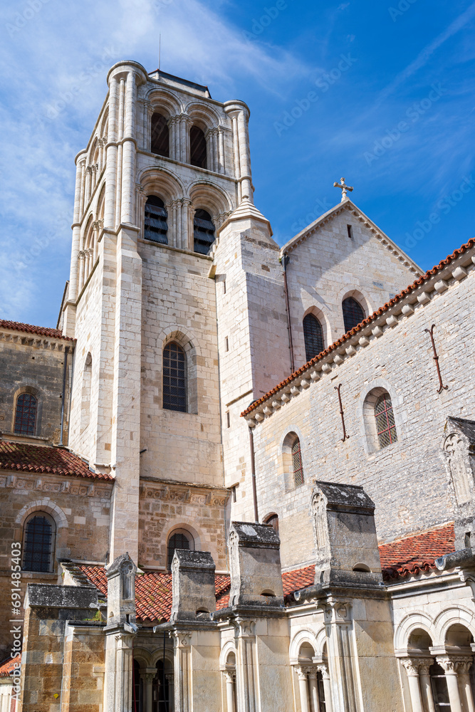 exterior facade and bell tower of landmark saint mary magdalene basilica in vezelay france