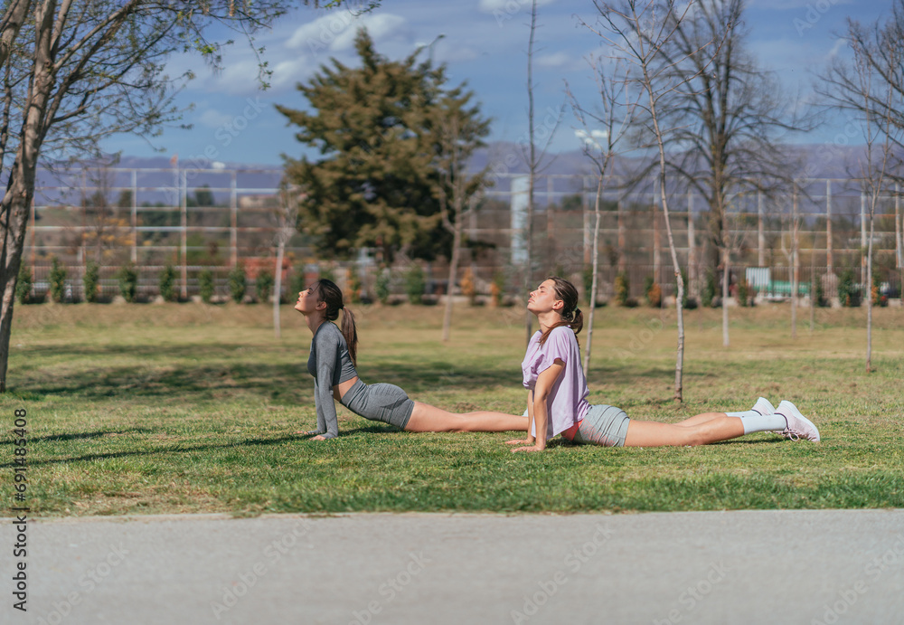 Fit, alluring sportsgirls exercising in the park, on a sunny day Fit, alluring sportsgirls exercising in the park, on a sunny day