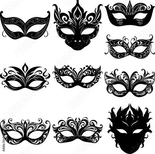 Venetian masquerade mask silhouettes set venice elegant black on white vector isolated
