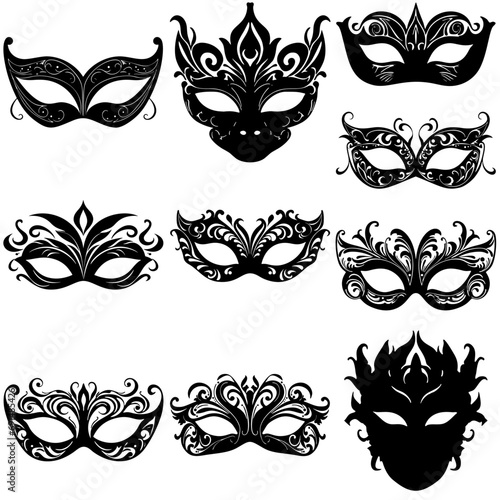 Venetian masquerade mask silhouettes set venice elegant black on white vector isolated photo