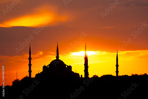 Blue Mosque or Sultanahmet Mosque at sunset.