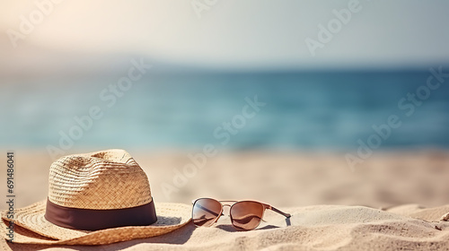 Straw hat the sand ocean beach, sunglasses on seashore background, summer day, copy space for a product
