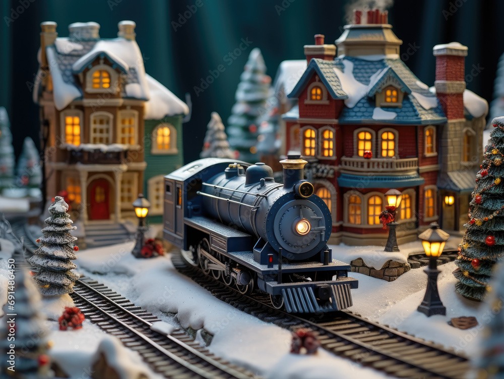 Model train in the snow, miniature Christmas village