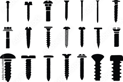 Set of bolts screws and nails. Design element for label, sign, emblem, banner and poster. Industrial symbol, fabric print designing element. Editable vector, easy to change color or manipulate. eps 10 photo