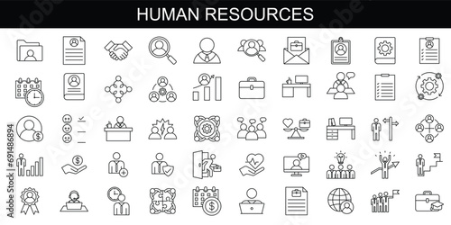 Set of 50 outline icons related to HR, Human Resources, Recruitment, Employment, business, office, company, management. Linear icon collection. Editable stroke. Vector illustration