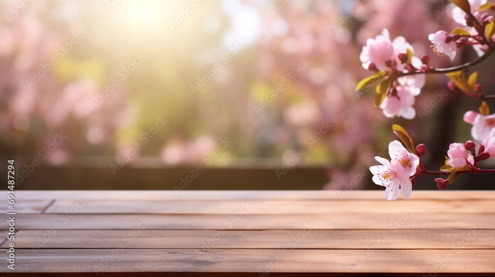 Empty wooden table in Sakura flower Park with garden bokeh background with a country outdoor theme created with Generative Ai