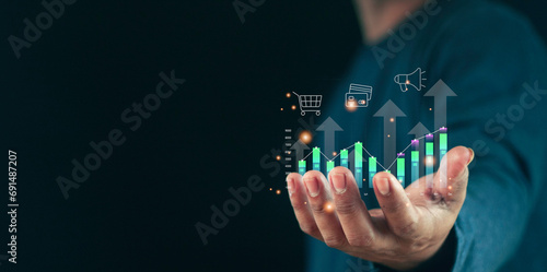Hand show the sign and icon of Digital marketing internet advertising and sales increase business technology concept, online marketing,E-business, E-commerce, Business online photo