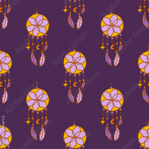 Seamless pattern with dreamcatcher with purple feathers, flower, yellow star and orange crescent. Protective amulet against insomnia and nightmares. Colorful vector illustration. Hand drawn doodle