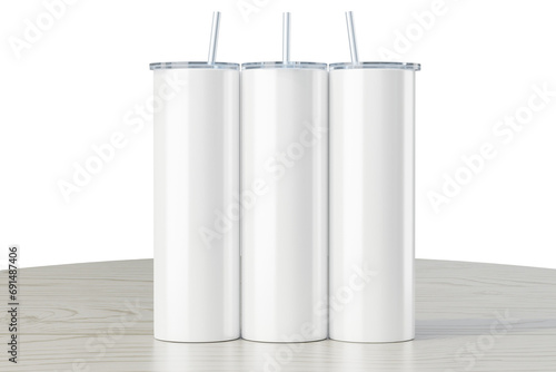 Three white 20 oz skinny tumblers on the table. Straight 20 oz tumbler for sublimation. Thermo mug. 3d rendering
