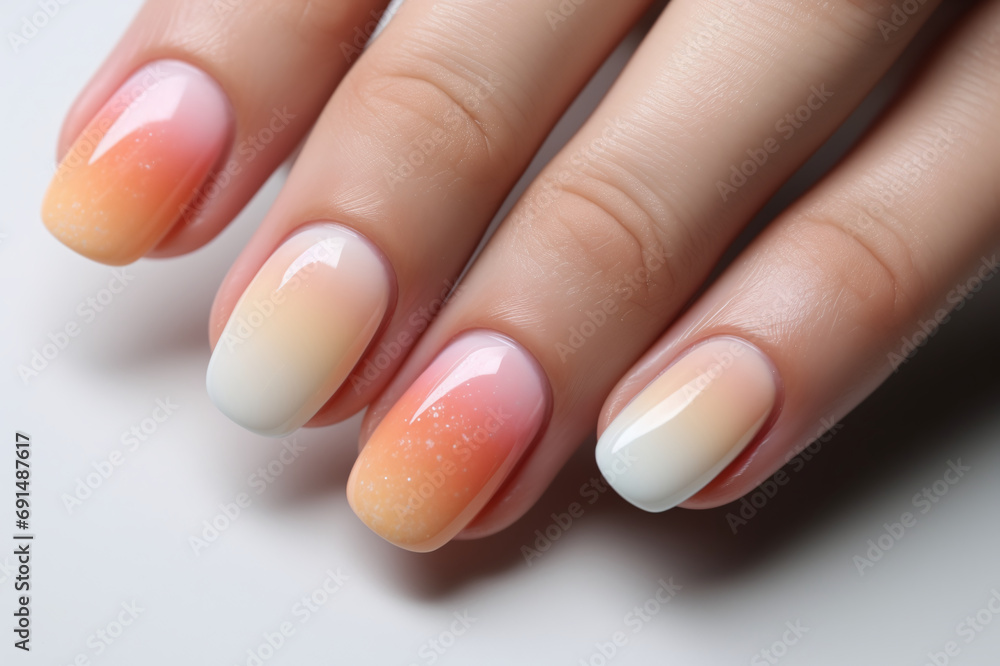 Close-up of female hands with manicure in delicate peach fuzz color, taking care of hands Close-up of female hands with manicure in delicate peach fuzz color, taking care of hands