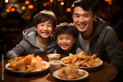 photo a father and two sons dinner with wonton food  happycore  red background  indoor