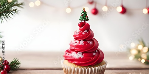 Cupcake Christmas tree and cherry minimalist on the wooden table with bokeh lights background with copy space