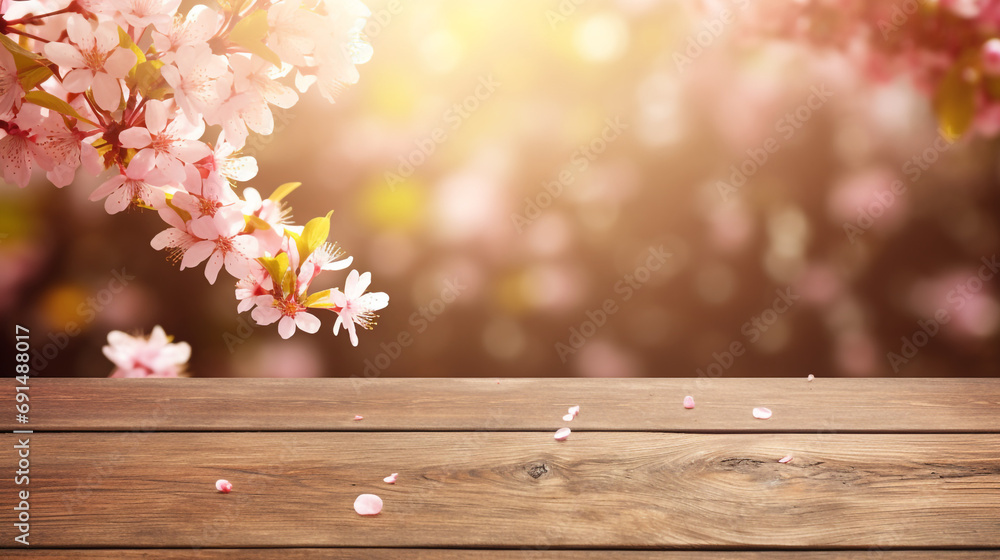 Empty wooden table in Sakura flower Park with garden bokeh background with a country outdoor theme created with Generative Ai Empty wooden table in Sakura flower Park with garden bokeh background with a country outdoor theme created with Generative Ai
