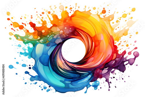Rainbow colors circle swirl watercolor illustration isolated on white background. Dynamic spiral composed abstract shape