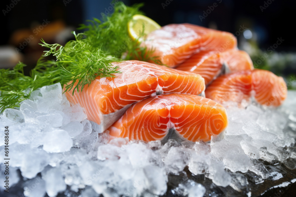 Tender fillet of seasoned salmon on ice. Fresh fish in the store. Tender fillet of seasoned salmon on ice. Fresh fish in the store.