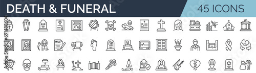 Set of 45 outline icons related to death and funeral. Linear icon collection. Editable stroke. Vector illustration