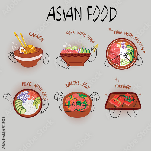A variety of different dishes of Korean and Chinese cuisine is made in vector graphics. Six dishes are demonstrated