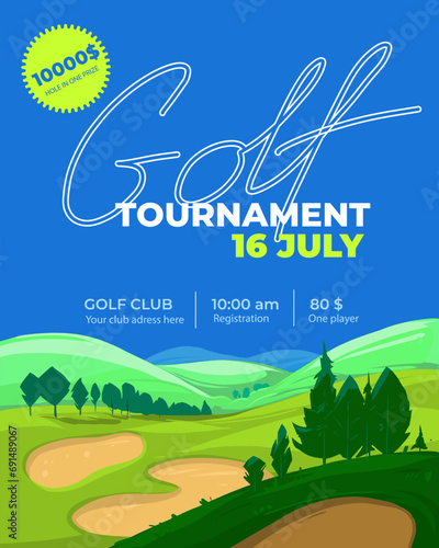 Golf, golf course, vector color illustration, background for poster, flyer, banner