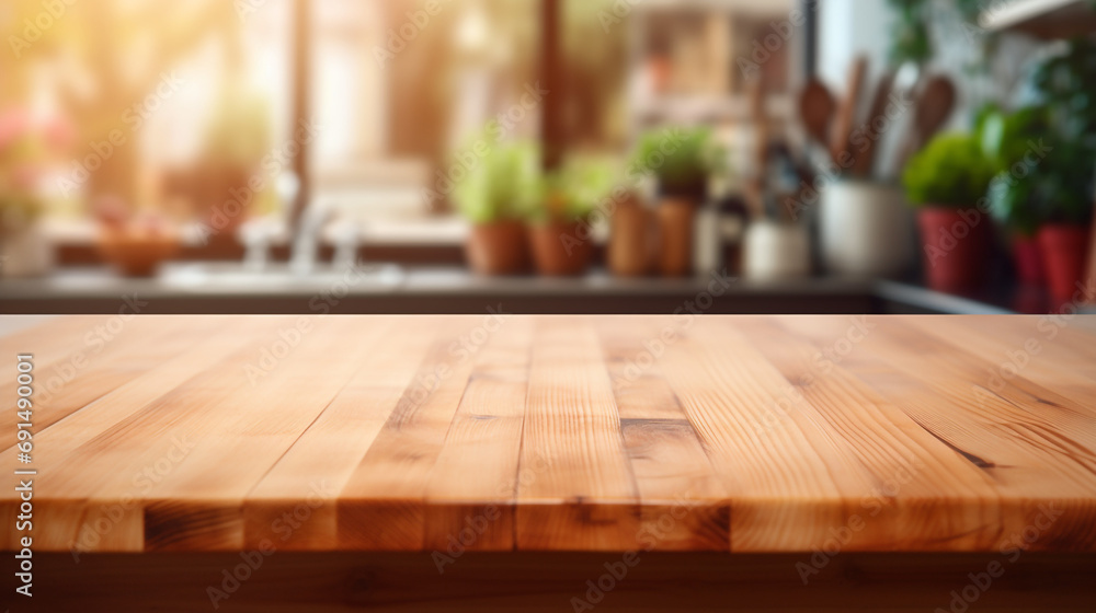 Wood table top on blurred kitchen background created with Generative Ai Wood table top on blurred kitchen background created with Generative Ai