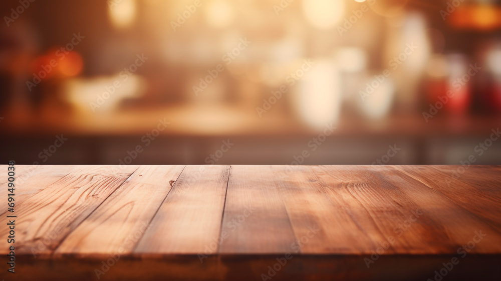Wood table top on blurred kitchen background created with Generative Ai Wood table top on blurred kitchen background created with Generative Ai