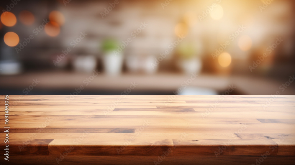 Wood table top on blurred kitchen background created with Generative Ai Wood table top on blurred kitchen background created with Generative Ai