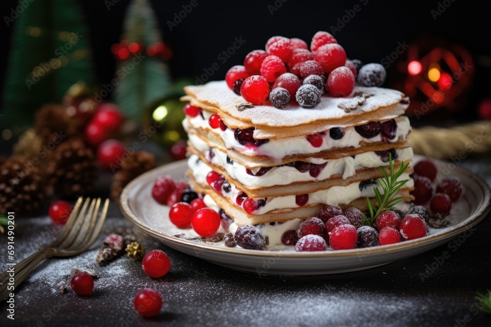 Christmas layered cake with cranberries and powdered sugar Christmas layered cake with cranberries and powdered sugar