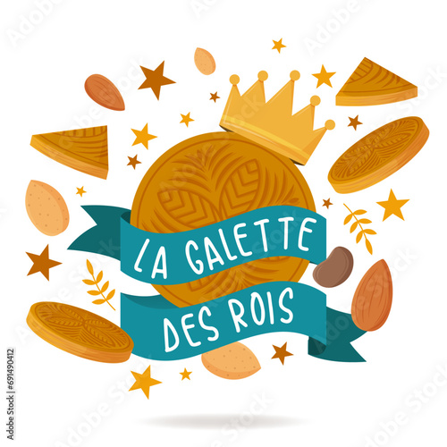Galette des rois - Bannière festive et colorée pour la célébration de l’Épiphanie - Illustrations vectorielles éditable de galettes, couronnes, fèves et amandes - Culture et traditions de janvier