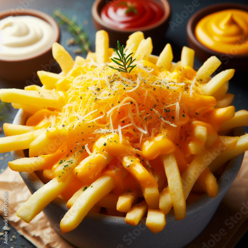 Mouthwatering hot french fries with a lot of cheese sauce with topped with cheese, on a ceramic bowl