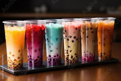 Boba Tea Assortment, Row of colourful Bubble Tea, Drinks of different colors photo