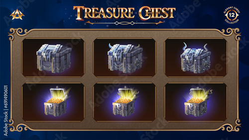 Open and Closed Treasure Chests Collection With Gold coin-From Basic to Upgraded Levels for RPG, Fantasy, and Medieval Games-Vector illustration Design