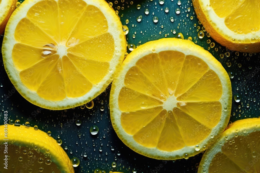 Close-up of vibrant lemon slices and a green leaf, submerged in sparkling water, creating a refreshing and zesty visual. Close-up of vibrant lemon slices and a green leaf, submerged in sparkling water, creating a refreshing and zesty visual.