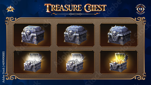 Open and Closed Treasure Chests Collection With Gold and Silver Dimond-From Basic to Upgraded Levels for RPG, Fantasy, and Medieval Games-Vector illustration Design