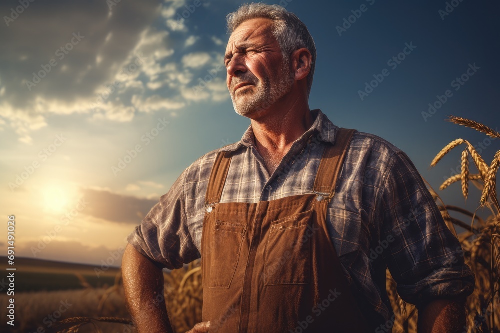 Portrait of a seasoned farmer with a weathered expression, standing in the field at sunset, with warm golden light illuminating his face