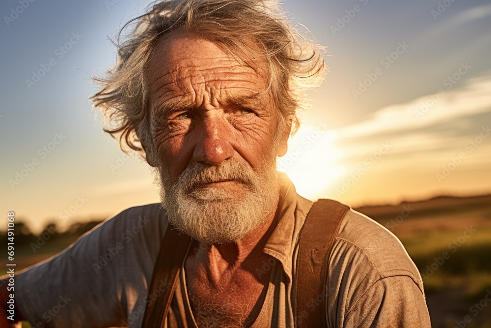 Portrait of a seasoned farmer with a weathered expression, standing in the field at sunset, with warm golden light illuminating his face Portrait of a seasoned farmer with a weathered expression, standing in the field at sunset, with warm golden light illuminating his face