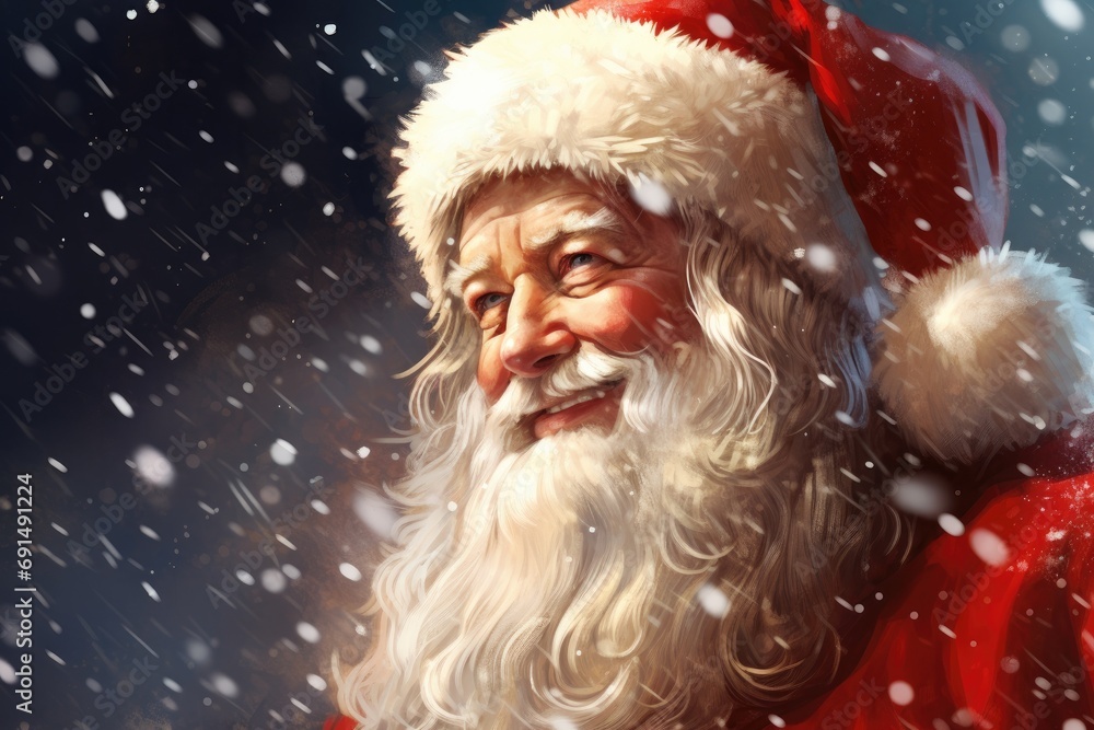 Artistic portrayal of Santa Claus Smiling, highlighted by falling snowflakes and his classic red attire Artistic portrayal of Santa Claus Smiling, highlighted by falling snowflakes and his classic red attire
