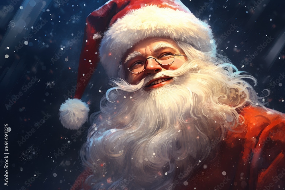 Artistic portrayal of Santa Claus Smiling, highlighted by falling snowflakes and his classic red attire Artistic portrayal of Santa Claus Smiling, highlighted by falling snowflakes and his classic red attire