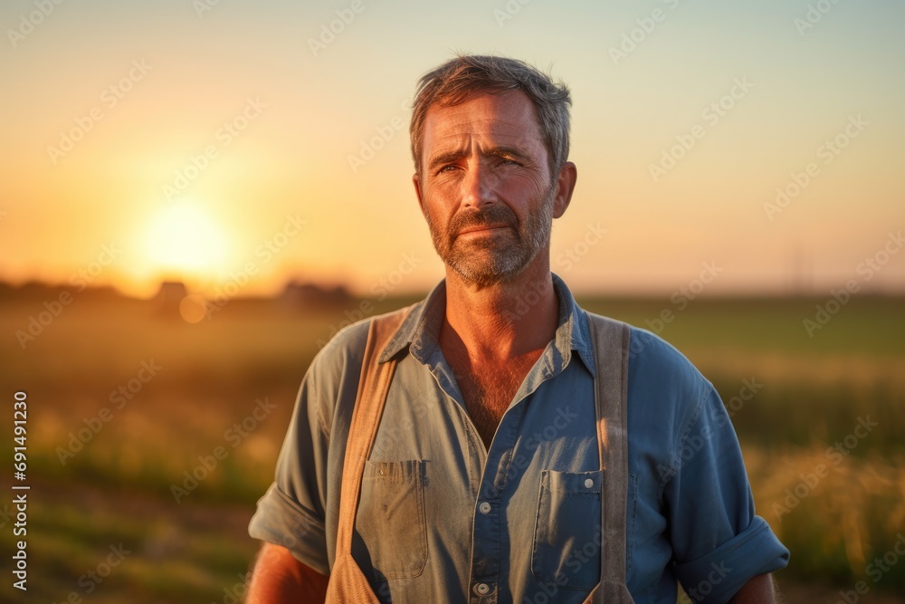Portrait of a seasoned farmer with a weathered expression, standing in the field at sunset, with warm golden light illuminating his face Portrait of a seasoned farmer with a weathered expression, standing in the field at sunset, with warm golden light illuminating his face