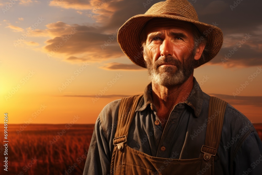 Portrait of a seasoned farmer with a weathered expression, standing in the field at sunset, with warm golden light illuminating his face Portrait of a seasoned farmer with a weathered expression, standing in the field at sunset, with warm golden light illuminating his face