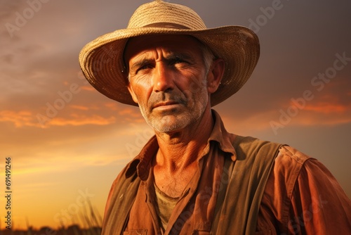 Portrait of a seasoned farmer with a weathered expression  standing in the field at sunset  with warm golden light illuminating his face