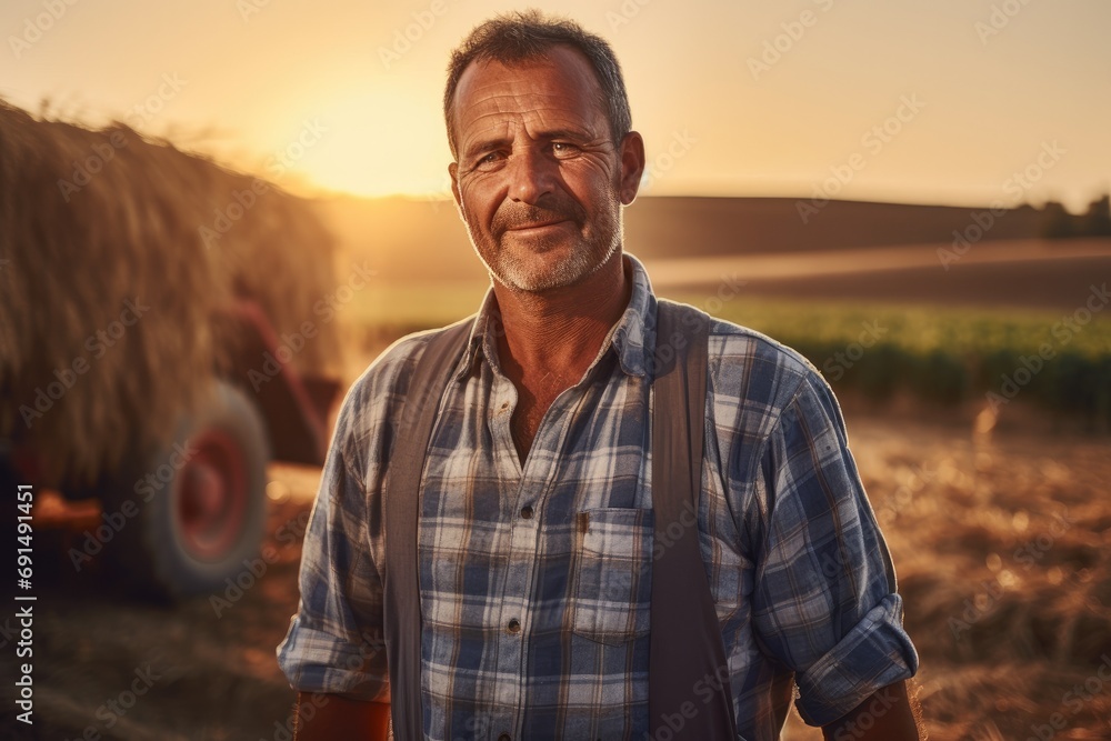 Portrait of a seasoned farmer with a weathered expression, standing in the field at sunset, with warm golden light illuminating his face Portrait of a seasoned farmer with a weathered expression, standing in the field at sunset, with warm golden light illuminating his face