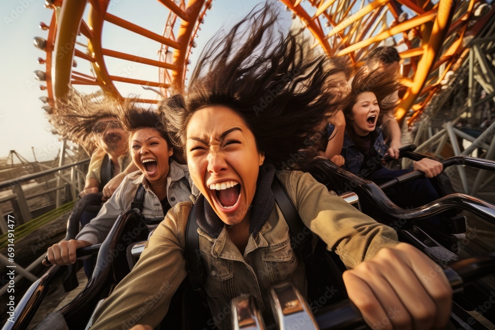 Group of diverse friends screaming with excitement on a roller coaster ride at an amusement park, capturing the thrill and adrenaline
