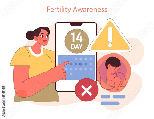 Types of Contraception. Illustration showcases fertility awareness with a cycle tracking app, emphasizing informed reproductive choices. Flat vector illustration