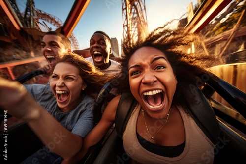 Group of diverse friends screaming with excitement on a roller coaster ride at an amusement park, capturing the thrill and adrenaline