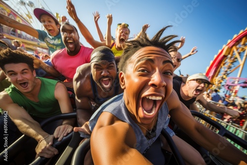 Group of diverse friends screaming with excitement on a roller coaster ride at an amusement park, capturing the thrill and adrenaline